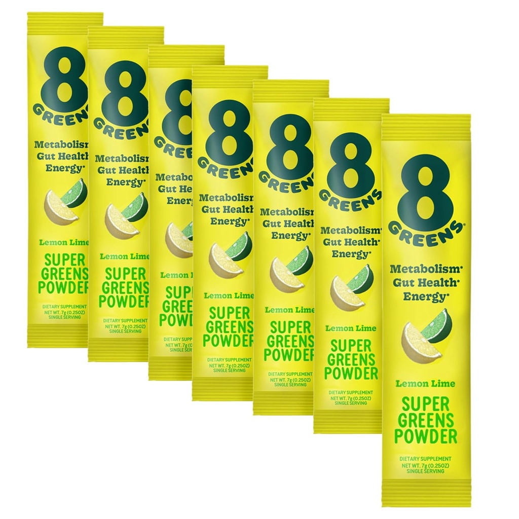 8Grønner Super Greens pulver | Prebiotiske og probiotiske blanding Supermat for Gut Helse, Metabolisme, Oppblåsing, med fiber, Digestive Enzymer, Organisk: Spirulina, Klorella, Lemon Lime, 7 Services
