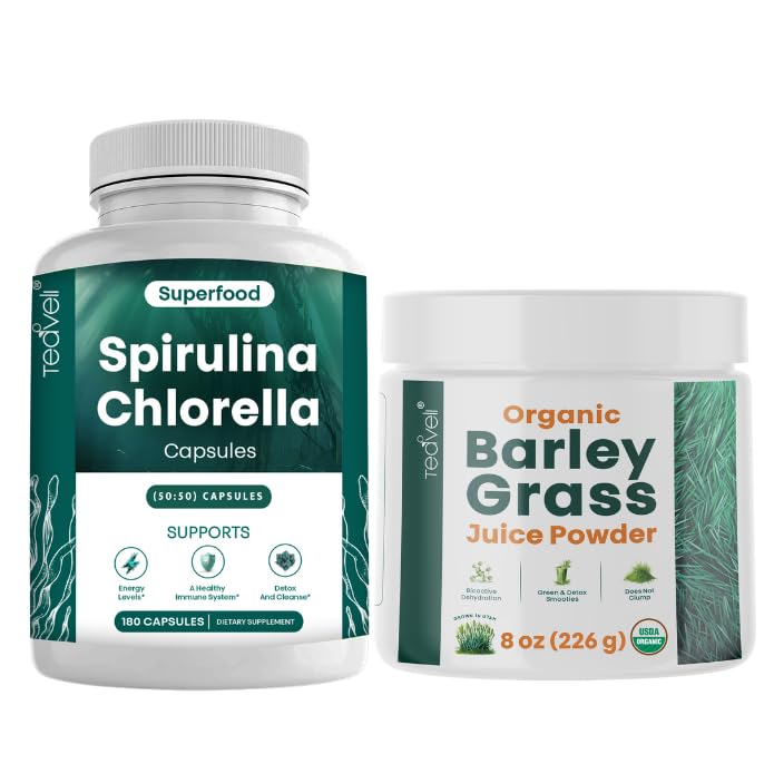 Teaveli Spirulina Chlorella Kapsler og Barley Grass Juice pulver Bundle