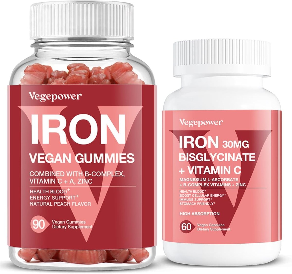Vegan jern gummier + jern bisglykinat 30MG | Vegan jern kosttilskudd støtte for blod sunn og daglig energi for voksne og barn - 90 Count + 60 Count