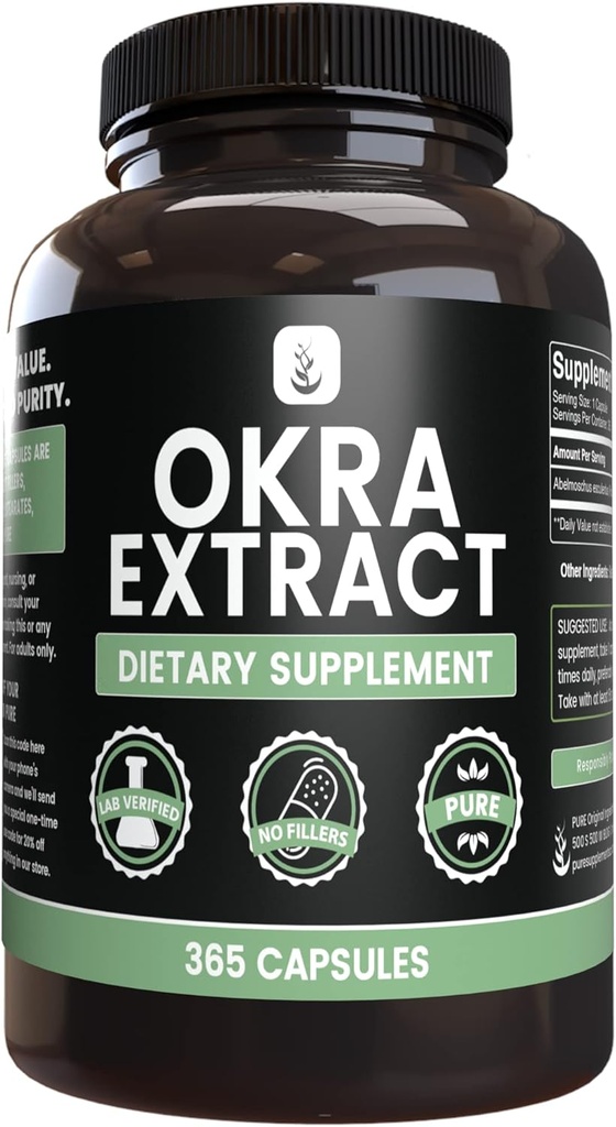 PURE ORIGINALE INGREDIENTS Okra Extract (365 kapsler) Ingen magnesium eller Rice Fillers, alltid ren, Lab verifisert