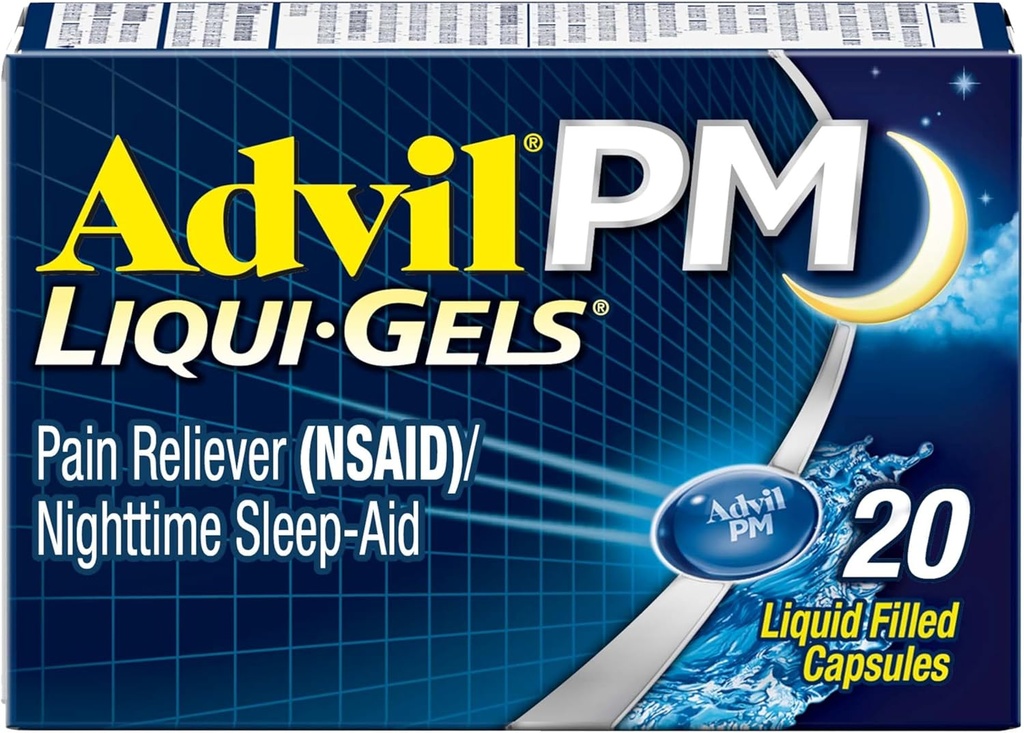 Advil PM Liqui-Gels Pain Reliever og natt søvnhjelp, smerte medisin med Ibuprofen for smertelindring og difenhydramin HCL for en søvnhjelp - 20 flytende fylte kapsler - Tilbake til College