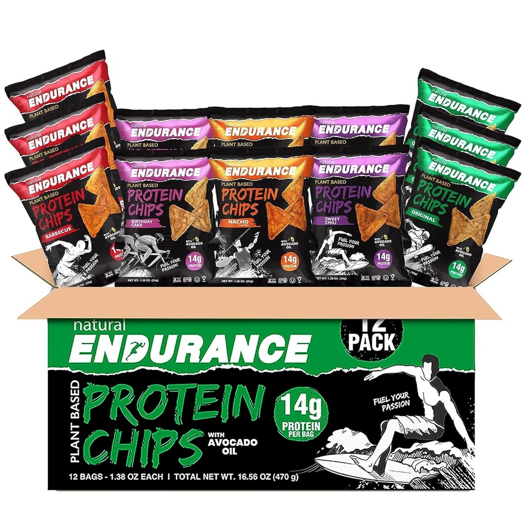 Naturlig Endurance Protein Chips - Lave karbohydrater, høyproteinsnack, vegansk protein med avokadoolje, 14g protein per pose, glutenfri, Nacho, BBQ, Chili, Bursdagskake, Original - Variety Pack, 1,38 oz poser (pakke med 12)