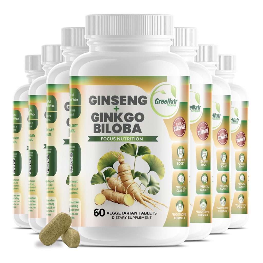 GreeNatr Ginko Biloba & Panax Ginseng Supplement - Rød Ginseng Brain Supplement for minne og fokus - Ginkgo Biloba Kosttilskudd for god visjon, immunsystem og forbedret blodflow - 12 flasker