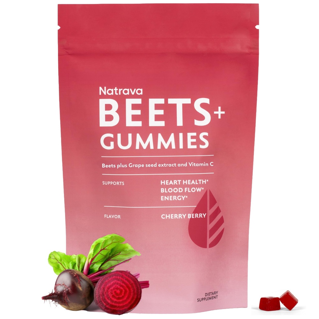 Beets+ Gummies - Premium Beet Root Powder, Grape Seed Extract og vitamin C - støtter sunnt blodtrykk og hjerte helse - lav sukkernitrogenoksid og sirkulasjonstilskudd - 50 Gummies