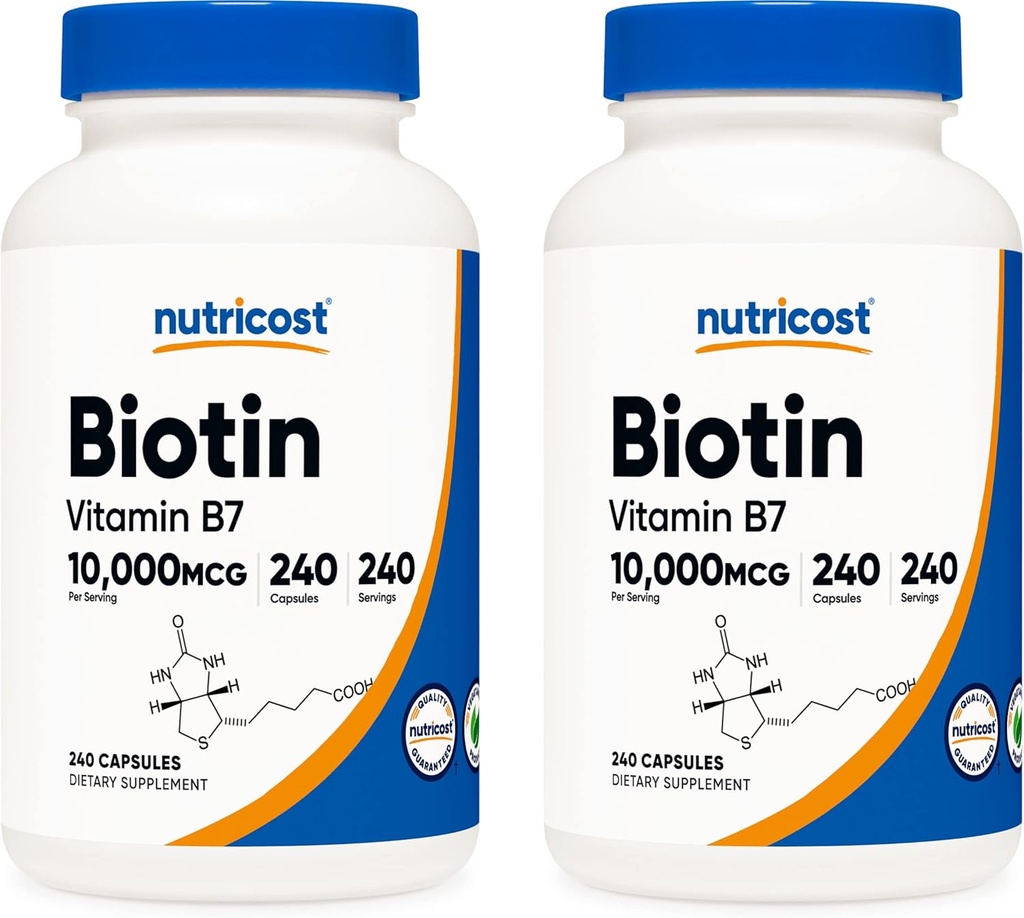 Nutricost Biotin (Vitamin B7) 10 000mcg (10mg), 240 Caps (2 flasker) - Ikke-GMO, Glutenfri
