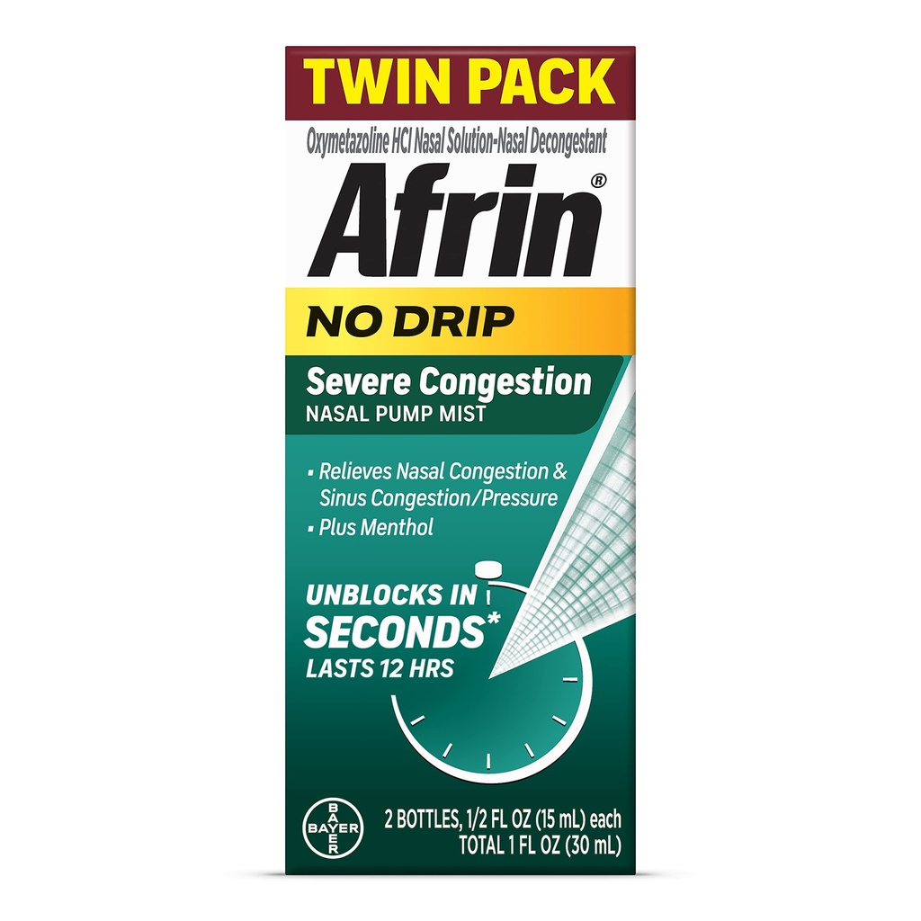 Afrin Ingen Drip Alvorlig Congestion Nasal Mist Twin Pack, Ikke-Drowsy, Fast-Active Decongestant for Nasal Congestion og Sinus Pressure Relief, voksne og barn 6 og eldre, .5 fl oz (Pack of 2)