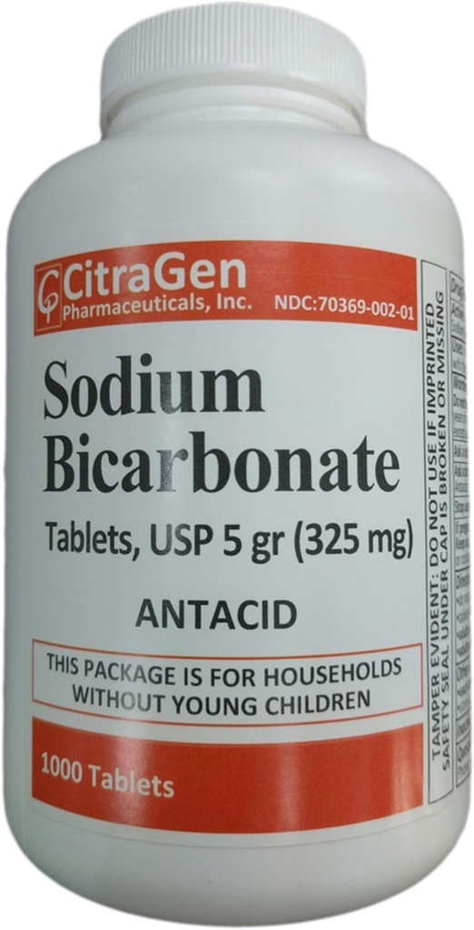 Natriumbikarbonattabletter USP 325 mg (5 korn) for relief av syreødeleggelse, hjertebrann, sur mage og oppsett magen 1000 tabletter per flaske ved CitraGen Pharmaceuticals Inc