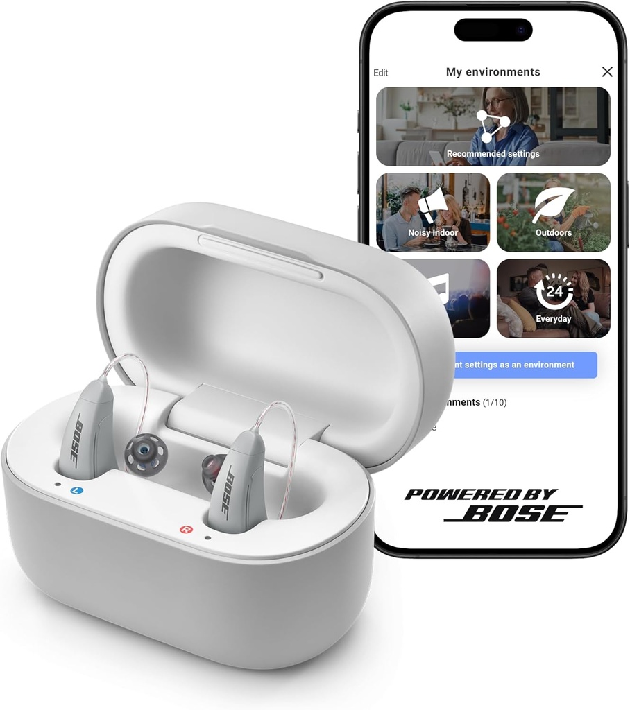 Lexie B2 OTC høreapparater drevet av Bose - Bluetooth-samtale aktivert for iOS, kan lades opp med App Control, hele dagen Comfort. Selvfitt løsning, støyreduksjon, for mild til moderat hørselstap (Gray)