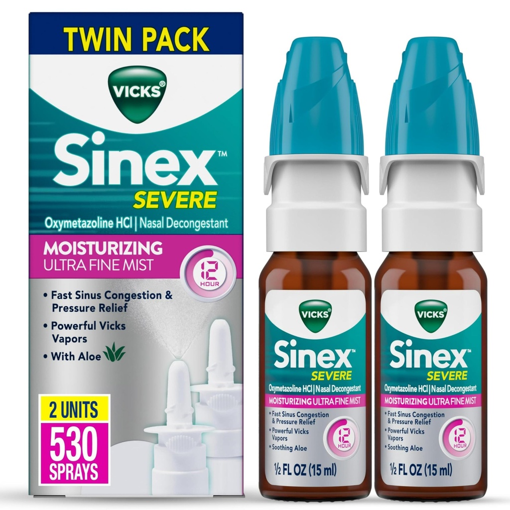 Vicks Sinex Alvorlig Nasal Spray, Moisturizing Ultra Fine Mist med Aloe, Decongestant Medisin, Relief fra Stuffy Nese På grunn av kald eller allergi, Nasal Congestion & Sinus Pressure Relief, 265 Sprays x 2