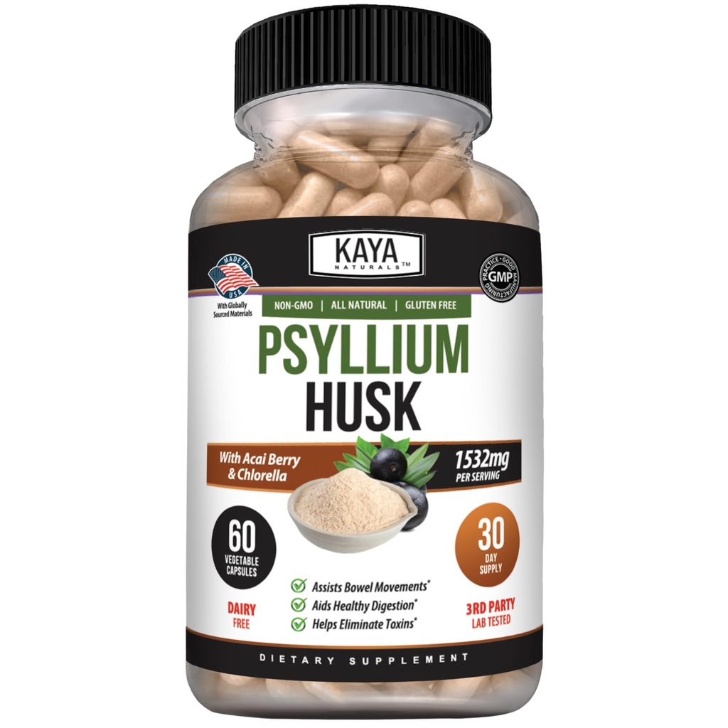 Kaya Naturals Psyllium Husk Kapsler - 60 greve | høy fiber Supplement | Digestiv helse og regelmessighet | Glutenfri, ikke-GMO