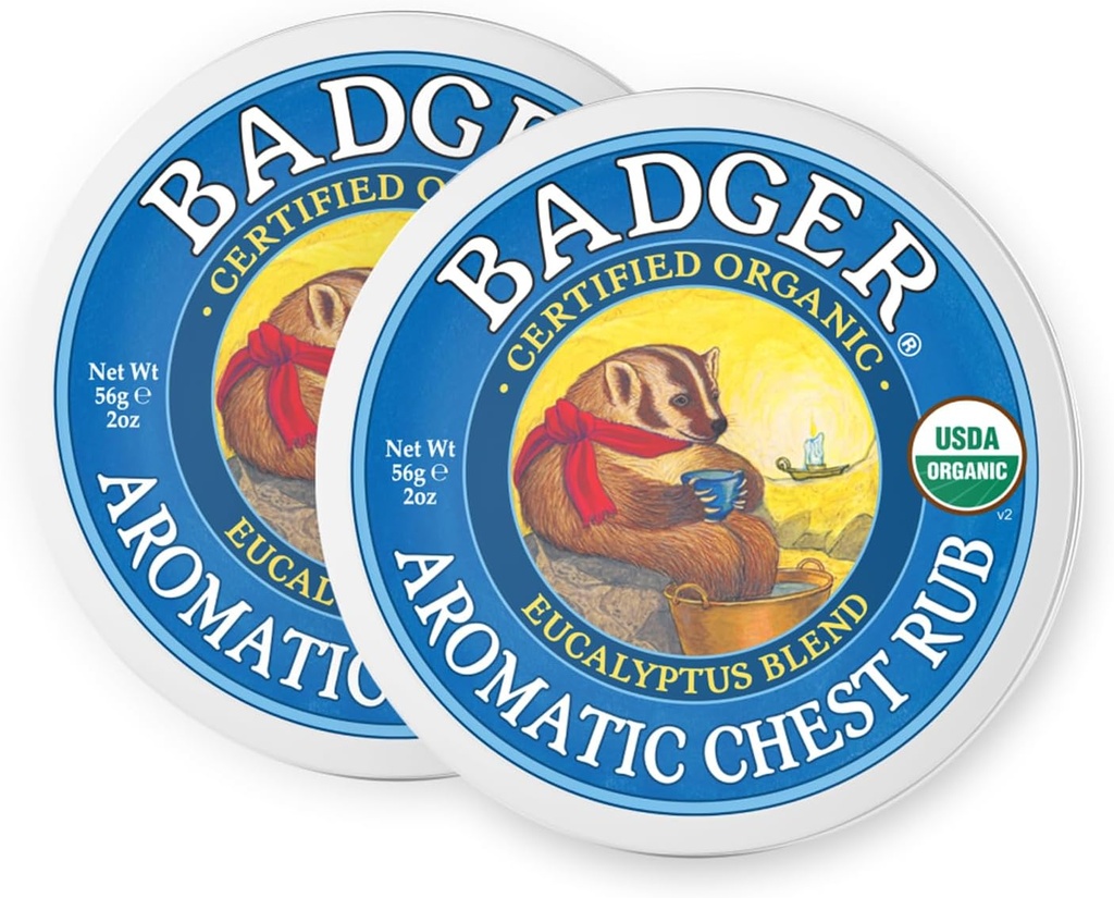 Badger Aromatic Chest Rub, 100% organisk Vaporub w/Eukalyptus & Lavender essensielle oljer å rydde & Soothe, All-Naturlig bryst Congestion Relief for voksne og barn, 2 oz tinn, 2-Pack