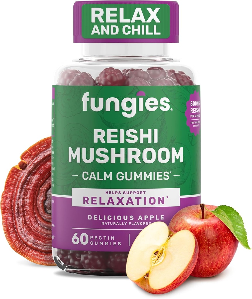 Fungies Reishi Mushroom Gummies, Delicious Apple Flavor - Mushroom Herbal Supplement Gummy for voksne støtter immunhelse, avslapping og sunn aldring - beroligende gulv for søvn - 60 serveringer