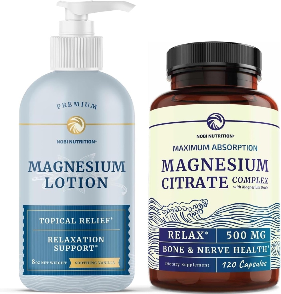 Magnesium Lotion og Magnesium Citrat Supplement | Full Body Magnesium Støtte for kropp og sinn med 8 Fl Oz Topical Magnesium Plus 2 måneders Supply Magnesium Complex Piller