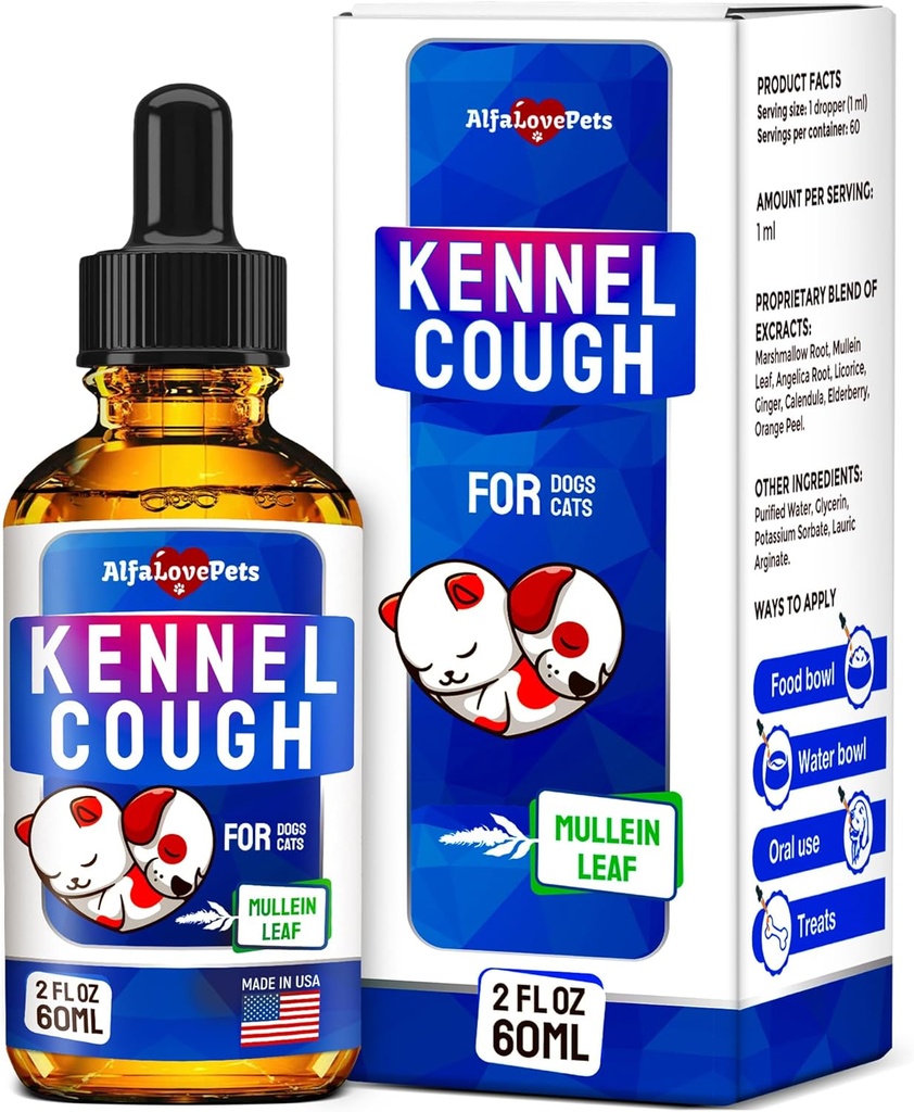 Kennel Cough behandling for hunder og katter – Hunde Cough Suppressant Hjelper med allergier, Runny Nese, Sneezing – for alle avler og størrelser – Mullein Leaf og Calendula – 2 Oz