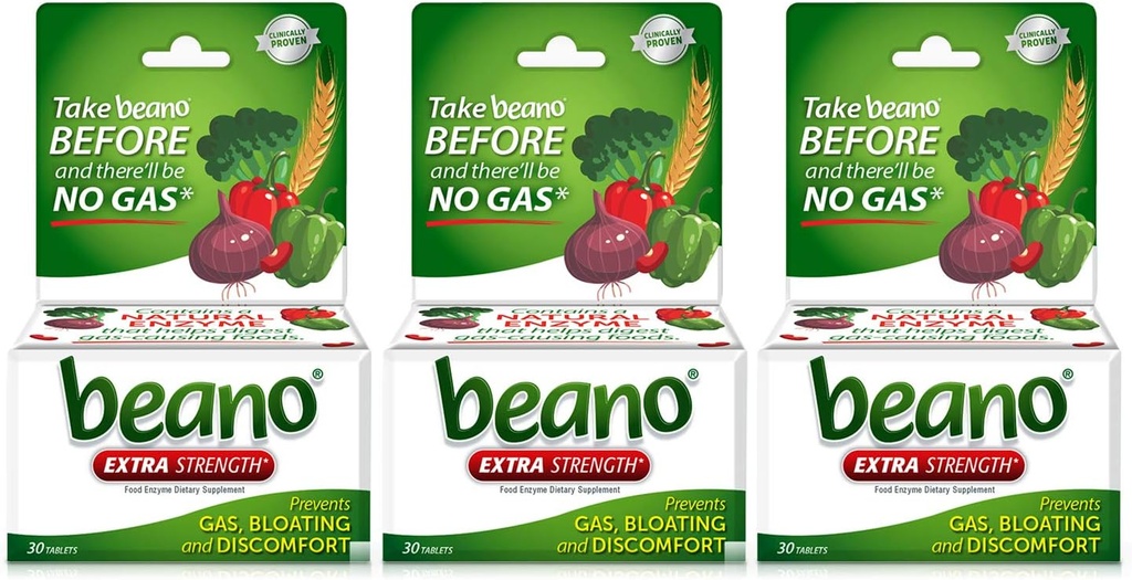 Beano ekstra styrke, Digestive Enzym Supplement, forhindrer gass, utblåsing og discomfort (Packing May Vary) 30 grev hver (pakke på 3)