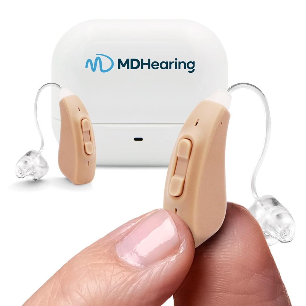 MDHearingAid AIR høreapparat (pair), OTC oppladbar, krystallklar digital lyd ved MDHearing, perfekt for briller, nesten usynlig