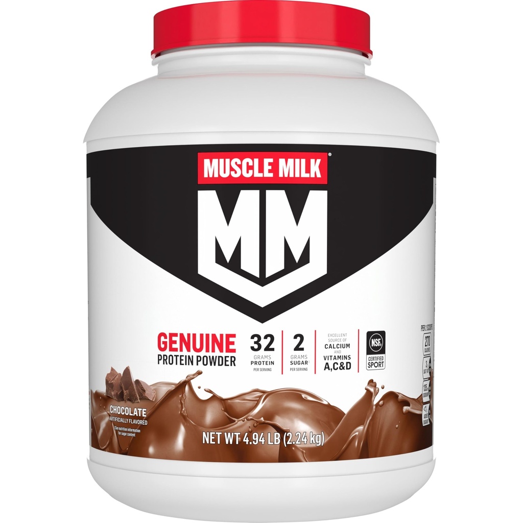 Muskelmelk Ekte protein pulver, sjokolade, 4,94 pund, 32 serveringer, 32 g Protein, 2g sukker, kalsium, vitaminer A, C & D, NSF-sertifisert for idrett, energiiserende snack, emballasje May Vary