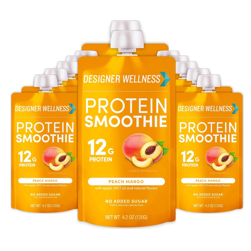 Designer wellness protein smoothie, ekte frukt, 12g protein, lav karbohydrat, null tilsatt sukker, glutenfri, ikke-GMO, ingen kunstige farger eller flavorer, fersken mango, 12 greve