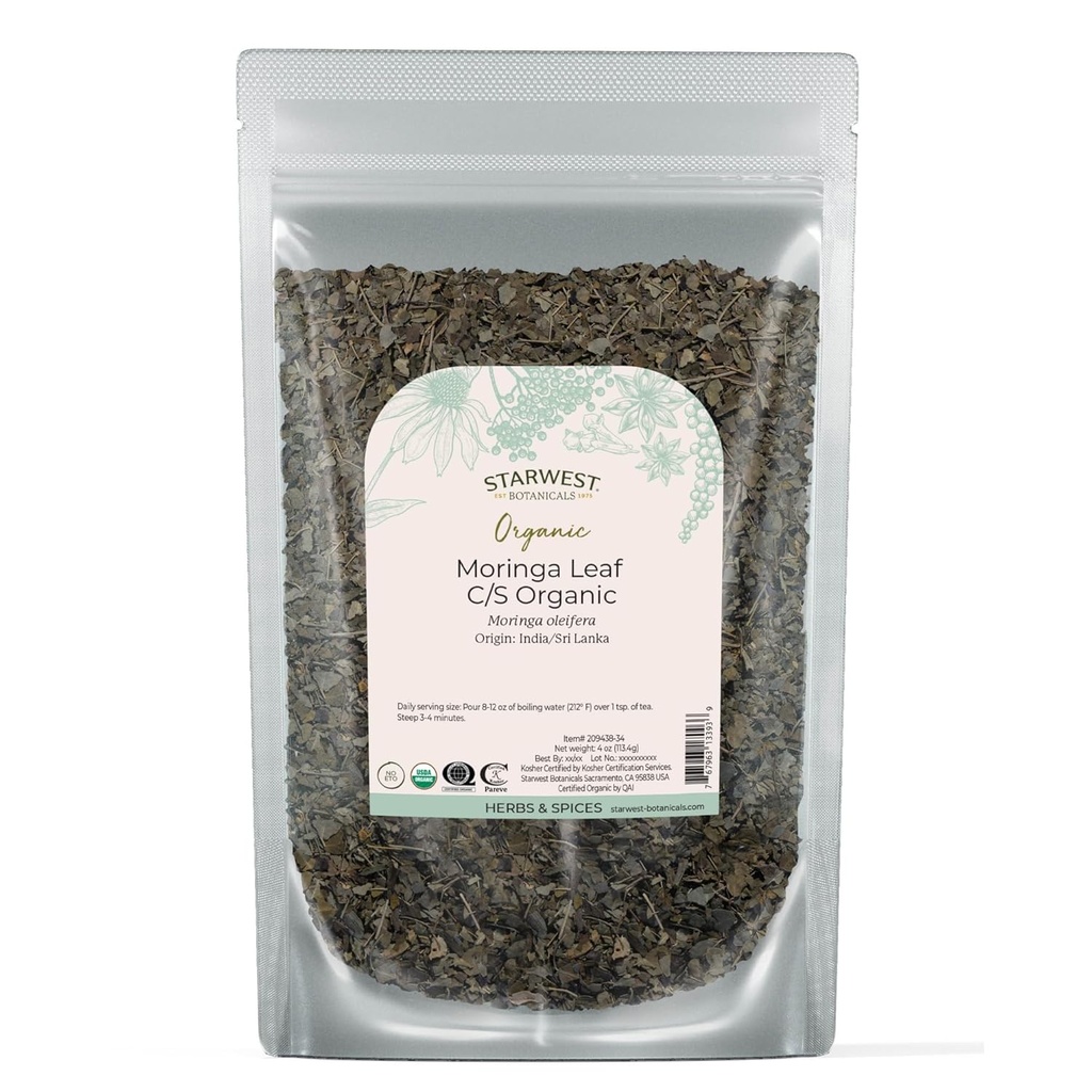 Starwest Botanicals Organic Moringa Leaf - Urt for te, kapsler, juice, og smoothies, Naturlig kilde til antioksidanter, Cut & Sifted, sertifisert Kosher, ikke GMO - 4 oz Pouch