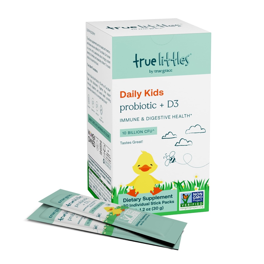 True Grace True Littles - 30 Individuelle Stick Packs - Kids’ Daily Probiotic + vitamin D3 for immun- og digestive helse - Gluten, Soya og Dairy Free - 30 Serveringer