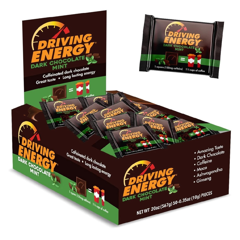 Driving Energy - Koffeinert energi Bite størrelse - mørk sjokolade mynte energi brensel med 150mg koffein - langlastende energi for gym, trening, voksne - stor smak - lav kull - sunn snack - 50 greve