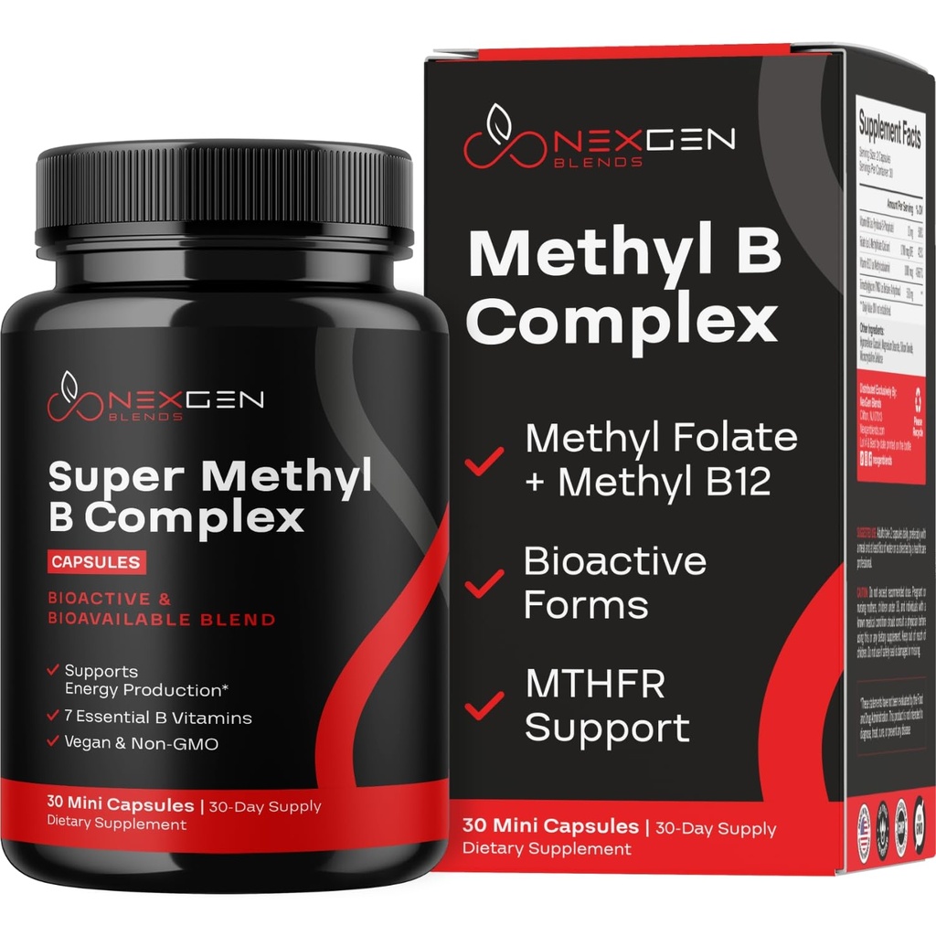 Metylert B-kompleks vitamin Supplement - Bioactive Methyl B-kompleks med 5-MTHF Metyl Folat & B12 Metylkobalamin for hjerne hjerte energi og homocystein støtte - Super vitamin B-kompleks (30 count)