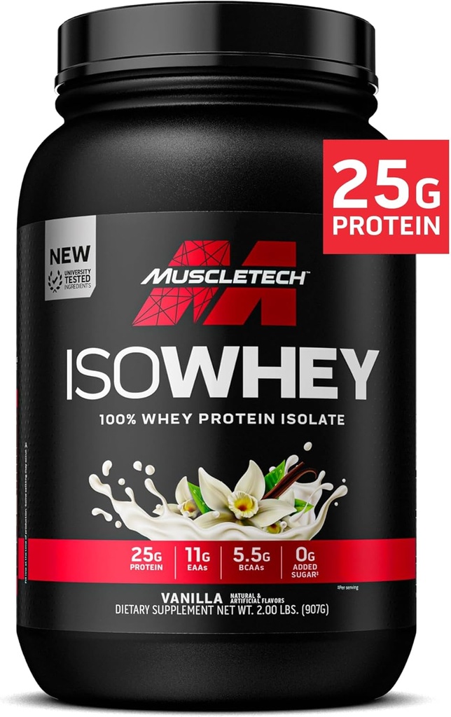MuscleTech ISO Whey Isolate Protein pulver, Vanilla - Post Trening Gym Supplement for Lean Muscle Gain, Body Building Weight Gainer & Recovery - 25g Protein, BCAA, EAA & 0 Lagt sukker - 2lbs
