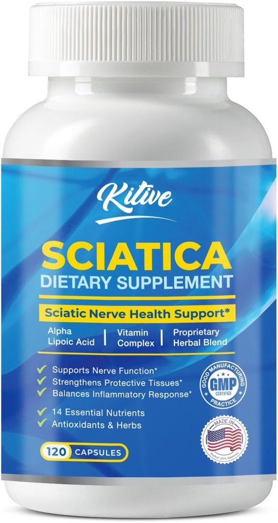 Sciatic Nerve Relief Supplement, Avansert støtteformel for nerve helse, alfa liposyre, vitaminkompleks, 120 kapsler, laget i USA
