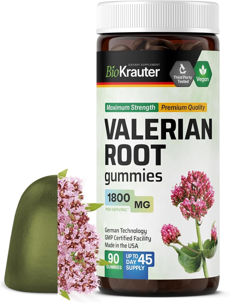 BIO KRAUTER Valerian Root Gummies - 1800 mg Styrke - 90 Vegan Chews - Ingen Melatonin - Støtte avslapning og ro - Valerian Root Extract