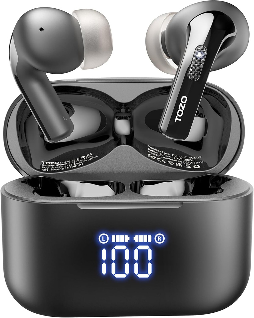 TOZO T20 Trådløs ørepropper Bluetooth-hodetelefoner 48,5 timers spilltid med LED digital skjerm, IPX8 vanntett, Dual Mic Call Noise Avbryt 10mm bred rekkevidde høyttalere med trådløs ladekasse