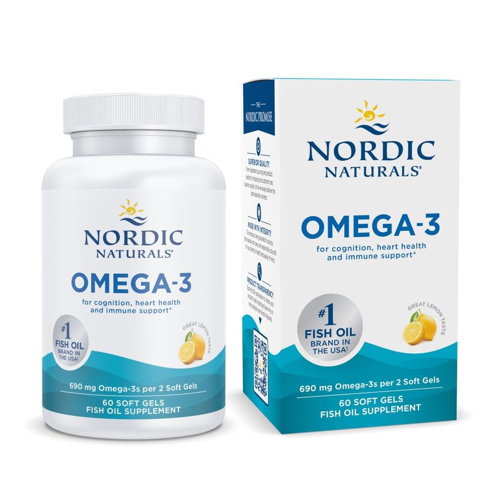 Nordic Naturals Omega-3, Lemon Flavor - 60 Soft Gels - 690 mg Omega-3 - Fiskeolje - EPA & DHA - Immunstøtte, Hjerne og hjertehelse, Optimal velvære - Ikke-GMO - 30 Services