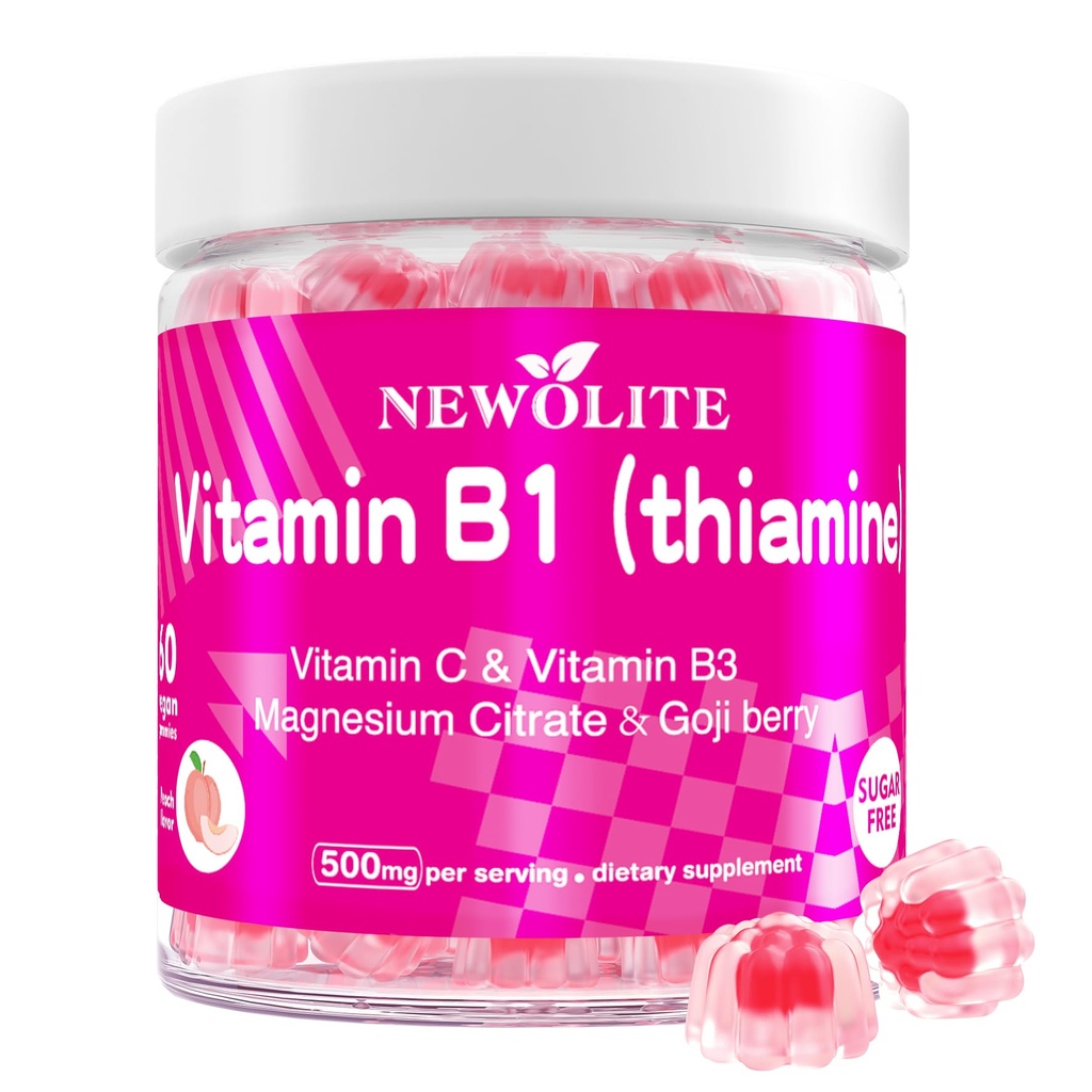 Vitamin B1 Gummies Chewable Thiamine 500 mg & vitamin B3 & Vitamin C, Suger Gratis - Ikke GMO, Vegan, Naturlig Peach Flavor - Thiamine B1 Supplement for voksne og barn