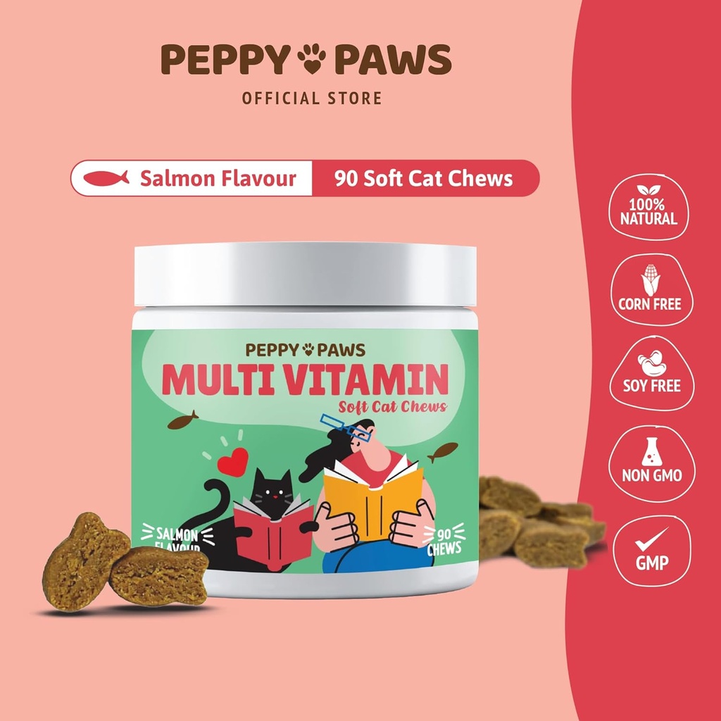 Multivitamin for katter – 90 myk Chews | Omega 3, Salmonolje, glukosamin, MSM, Chondroitin, CoQ10, Probiotika, Vitamin B-kompleks & C-sett for hud, felles, hjerte, immunitetsstøtte