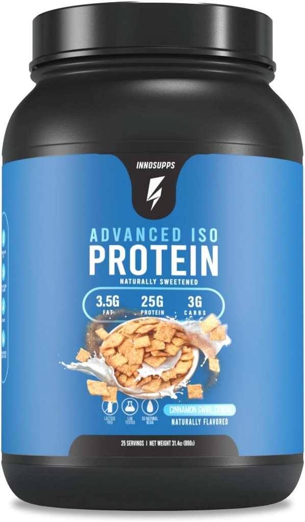 Inno Supps Advanced Iso Protein - 100% Whey Isolate Protein Powder, Ingen kunstige søtningsstoffer, Lavt fett, Lave karbohydrater, 25 g protein, Hormonfri, Glutenfri, Soya Free - 25 SVGS(Cinnamon Swirl Cereal)