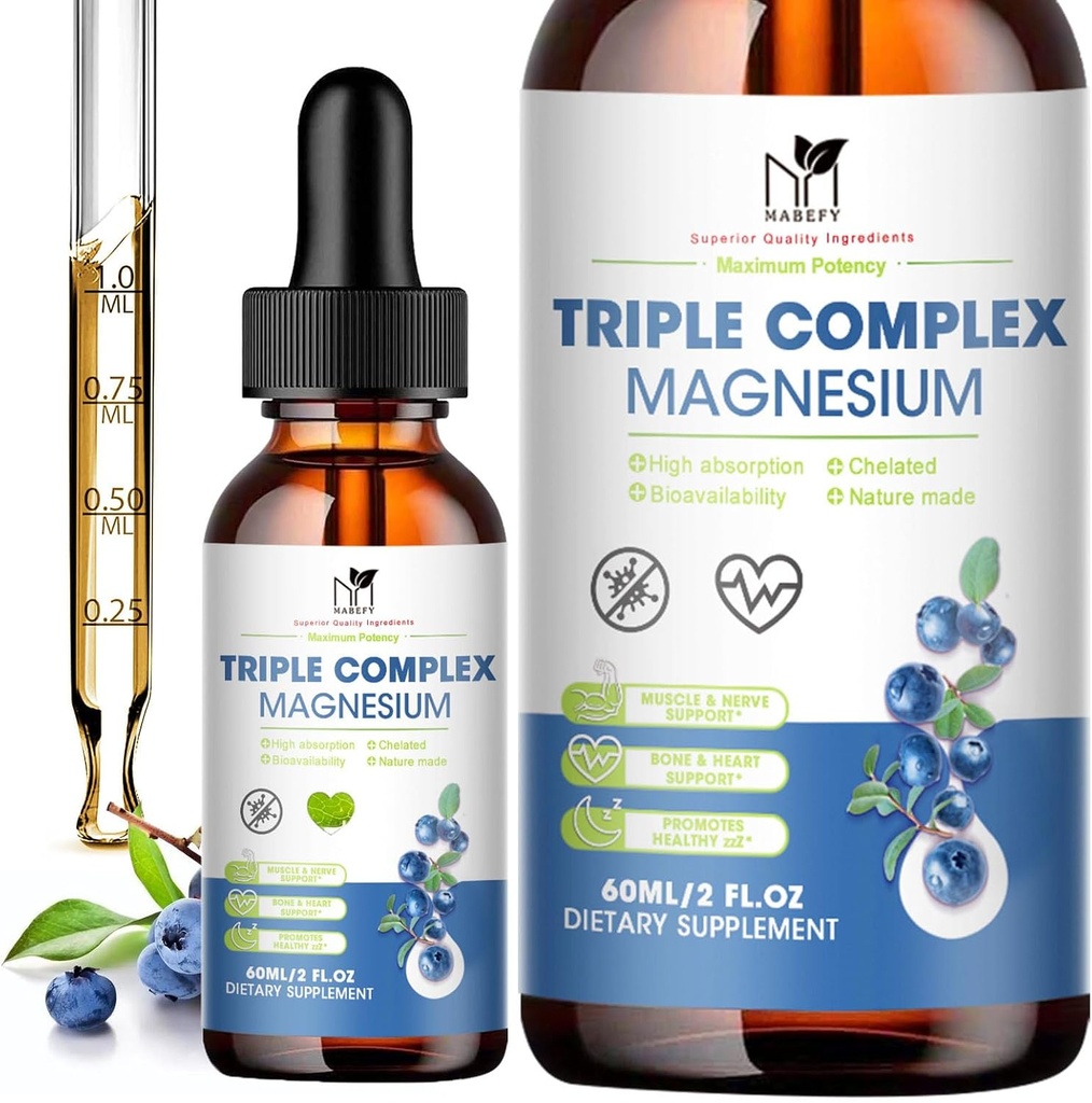 Magnesium Glycinat flytende dråper Komplekst Supplement med Taurat, Malate for ro, Benkramper, Energi | Sukkerfri og Naturlig Vegansk Magnesium, Blåbærflavor