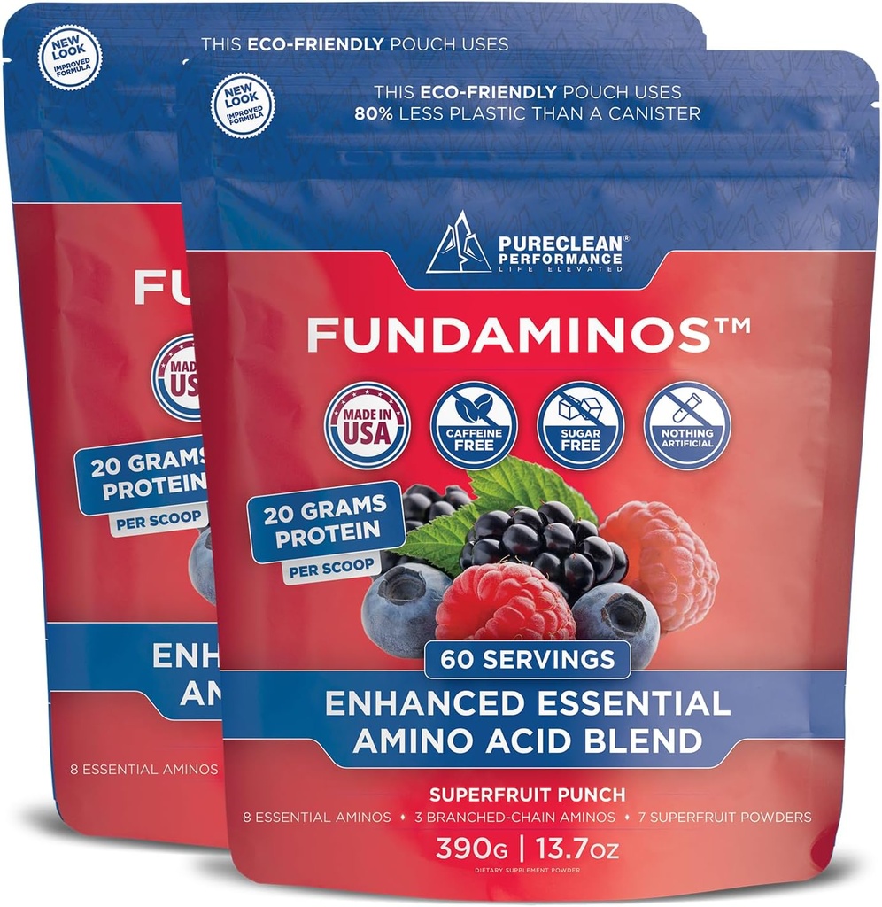 FundAminos Organic EAA Powder Blend | Plantebaserte essensielle Aminos for hver dag Vitalitet, sunn aldring og balansert ernæring | Glutenfri, ikke-GMO, ren etikett – 2 poser (60 serveringer)