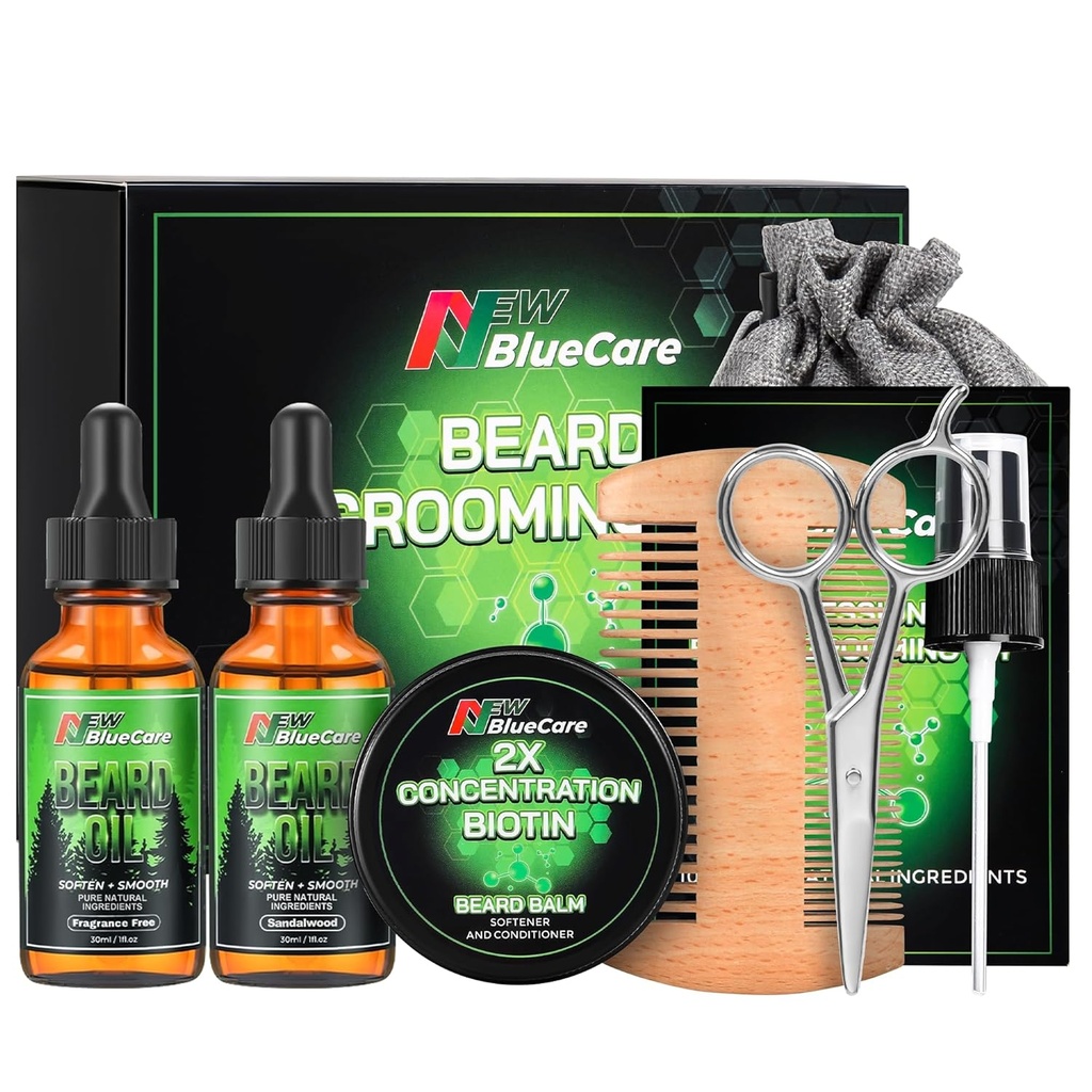 Beard Care Kit - Inneholder (1) hver av Beard Olier (Sandalwood & Unscented), Biotin Beard Growth Balm, Comb og Scissors for Grooming og Trimming - Beard Care Daddy Gaver for menn Han Far ektemann