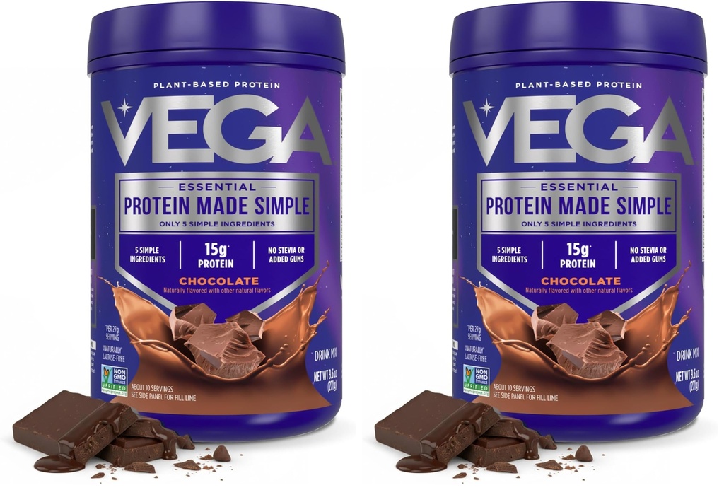 Vega Protein laget enkelt, mørk sjokolade - Stevia gratis vegansk protein pulver, plante basert, sunn, glutenfri, eraprotein for kvinner og menn, 9,6 oz (Packing May Vary) (Pack of 2)