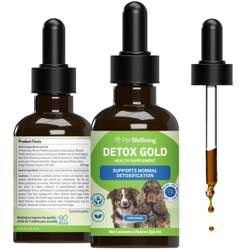 Pet Wellbeing Detox Gold for Hunde - Gentle Detoxification & Elimination Support, Immune System Care, Nettle, Velsignet Thistle, Burdock Root - Veterinærformulert Herbal Supplement 2 oz (59 ml)