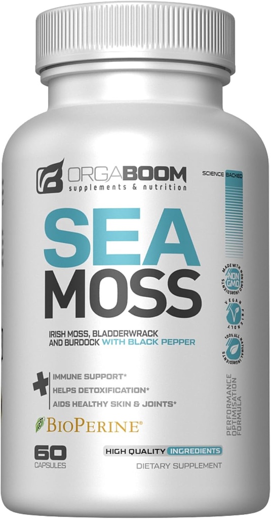 Sea Moss Capsules Irish Sea Moss Supplement med organisk Burdock Root, Bladderwrack & Black Pepper | Boost Energi, Detox & Immune Support | Ikke-GMO, Vegansk | Laget i USA - 60 greve