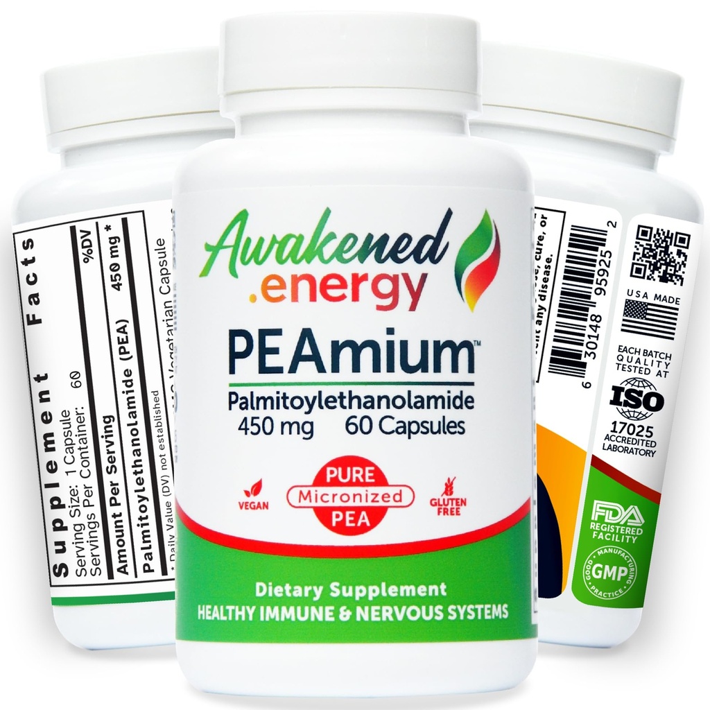 Palmitoyletanolamid 450mg Comfort Mobility Nerver Kognitiv og immun støtte - Micronisert høy absorpsjon - All Natural Pea - USA laget - Ingen tilsetningsmidler eller hjelpemidler - 60 Vegan Kapsler Supplement