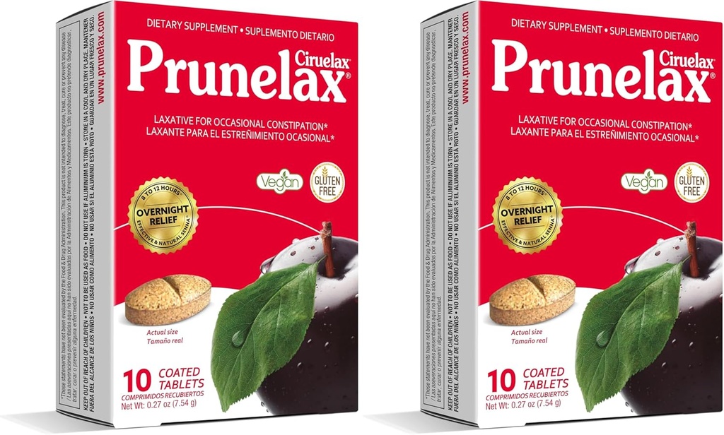 Prunelax Ciruelax Vanlig styrke Laxative tabletter - Naturlig-ingrediens Basert Laxativ for anledninger, forutsigbar overnatting Relief med Senna Leaf ekstrakter, 8-12 Hr Fast-Active - 10ct