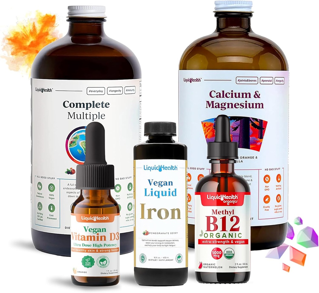 LIQUIDHEALTH Ultimate Bariatrisk flytende vitamin Supplement Bundle - daglig bariatrisk multivitamin med jern, kalsium, magnesium, vegansk vitamin D3 & organisk B12 - Bariatrisk kirurgi må ha, USA laget
