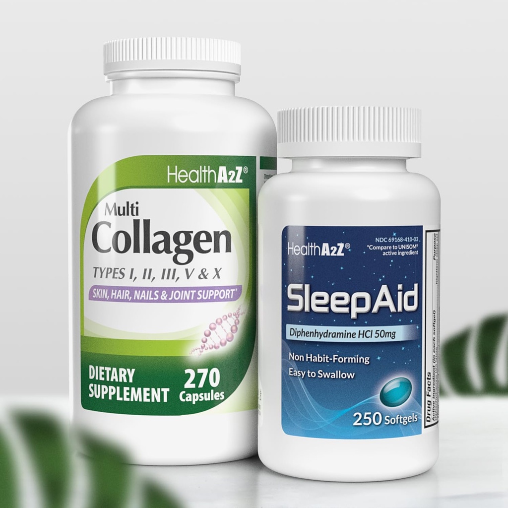HealthA2Z® Sleep & Rejuvenate Combo Sleep Aid 50mg Diphenhydramine HCl (250 Softgels) Multi Collage Pills, 1735 mg (270 Collage Capsules) - Bundle Deal!