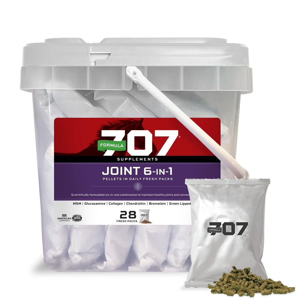 Formel 707 Felles 6in1 Equine Supplement, Daglige ferske pakker – Støtte for felles integritet og inflammatorisk respons i hester – Grønn-Lipped Mussel, MSM, Glukosamin, Chondroitin & Collagen