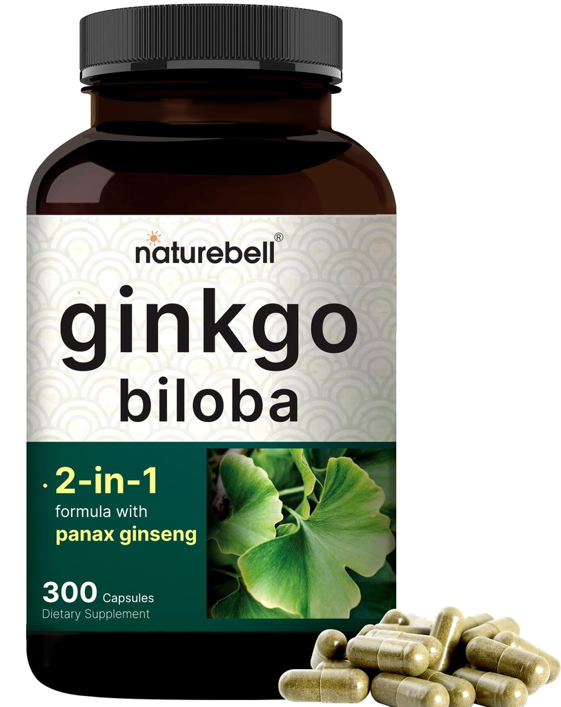 NatureBell Ginkgo Biloba 6000mg med Panax Ginseng 500mg Per Serving | 300 kapsler – Maks styrke Ginko Biloba Extract kosttilskudd - fremmer hukommelse, fokus og hjernens helse