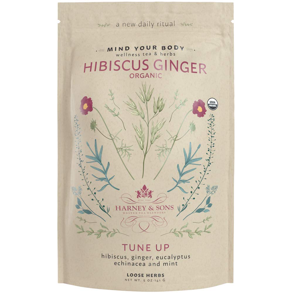 Harney & Sons Organic Hibiscus Ginger Tune-Up Wellness Blend, med Eucalyptus, Echinacea og Mint, 5 oz pose