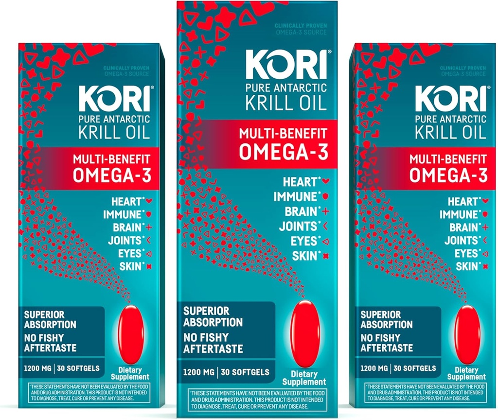 Kori Krill Olje Omega 3 Supplement, Antarktis krill olje med superior absorpsjon vs Fish Oil, 1200 mg Softgels, 30 Softgels, EPA & DHA (pakke med 3)