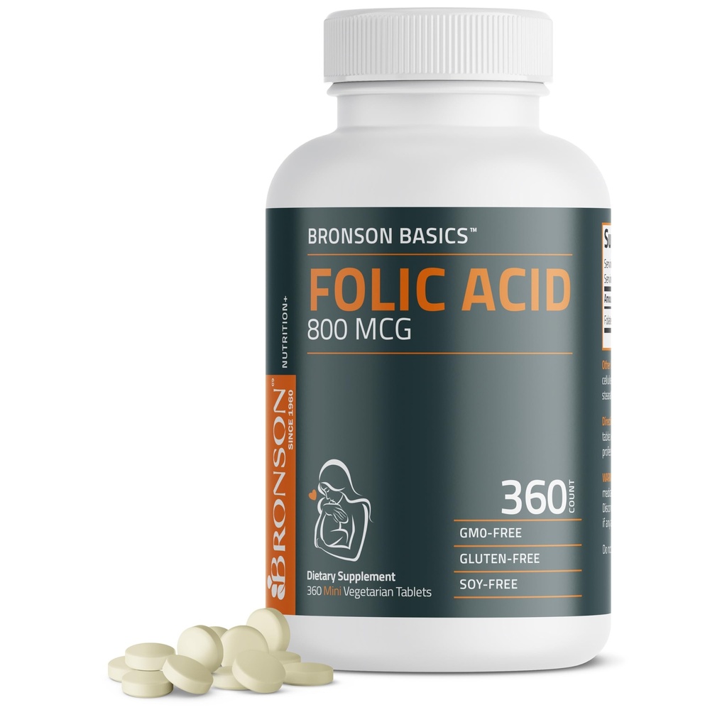 Bronson Filic Acid 800 MCG støtter prenatal utvikling, 1 års forsyning, ikke-GMO, 360 tabletter