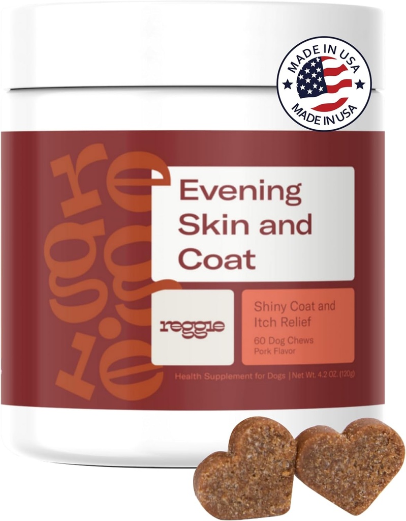 Reggie Hud & Coat Kosttilskudd for hunder | Omega-3 Fish Oil & Vitamin E for kløende hud Relief, Shedding & skinnende Coat | Naturlig hund Skin & Coat Chews | Vet-godkjent og laget i USA | 60 Myke Chews